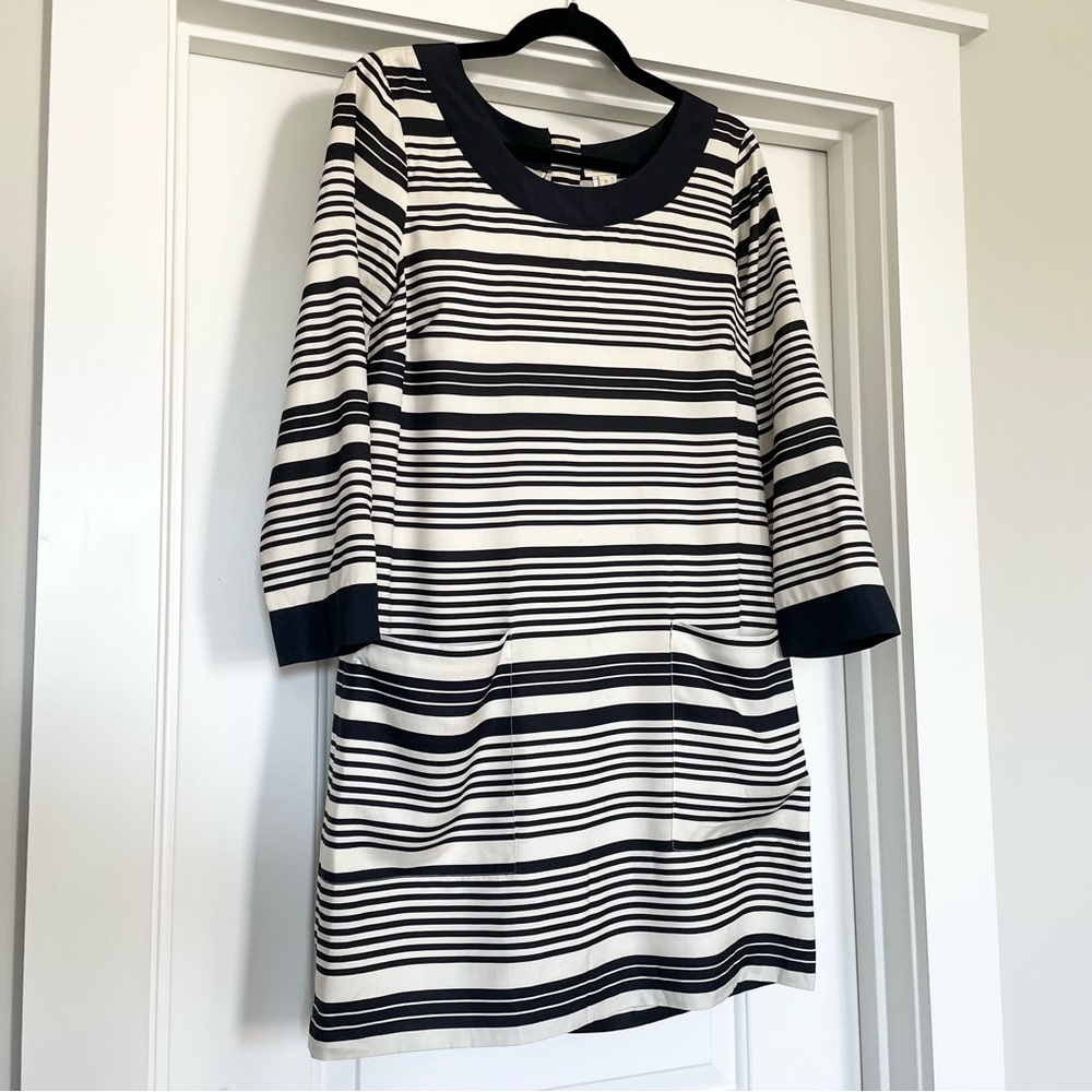 J.Crew Striped Silk Shift Dress Ivory Navy 3/4 Sleeve Pockets Size 6